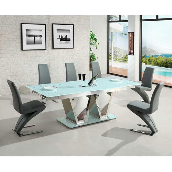 Read more about Nico extending glass dining table in white and 6 grey chairs