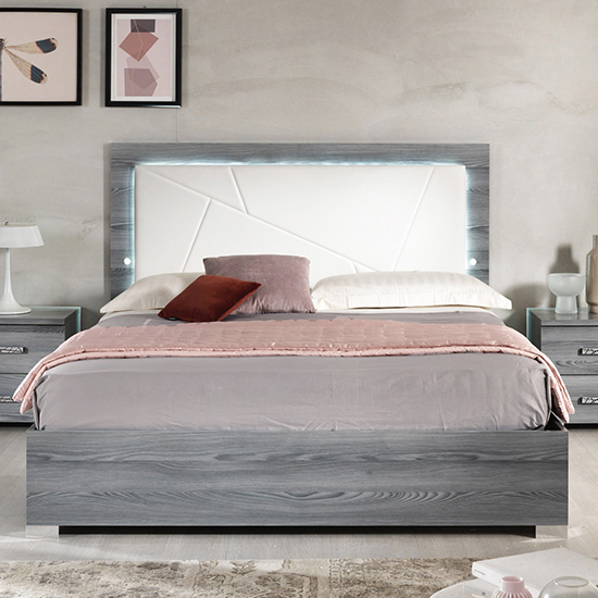 Nicole LED Gloss King Size Bed With PU Headboard In Grey_2