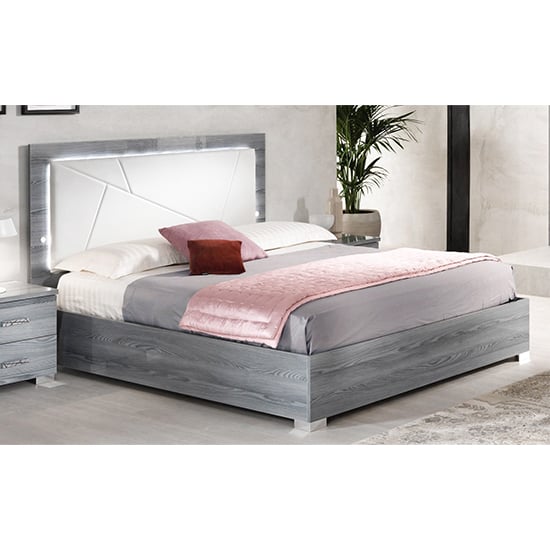 Nicole LED Gloss King Size Bed With PU Headboard In Grey