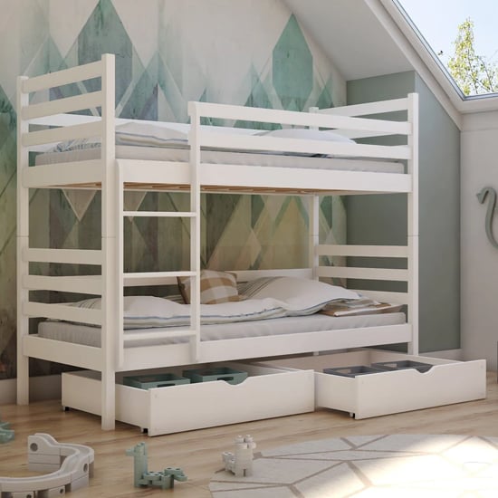 Read more about Niles bunk bed and storage in white with bonnell mattresses