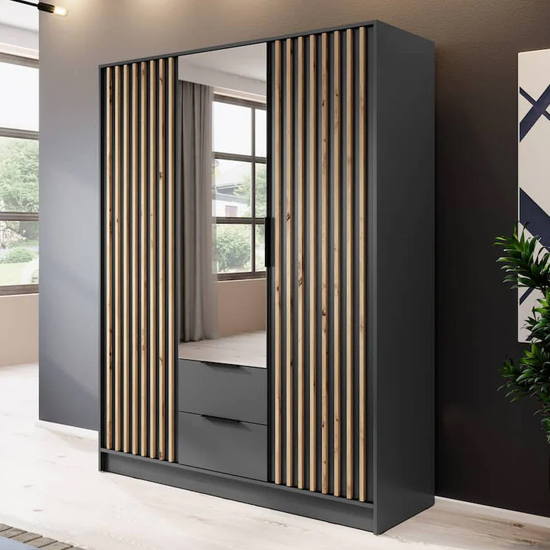 Product photograph of Niles Mirrored Wardrobe With 3 Hinged Doors In Graphite from Furniture in Fashion