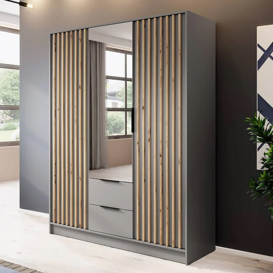 Product photograph of Niles Mirrored Wardrobe With 3 Hinged Doors In Grey from Furniture in Fashion