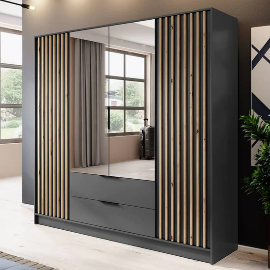 Product photograph of Niles Mirrored Wardrobe With 4 Hinged Doors In Graphite from Furniture in Fashion