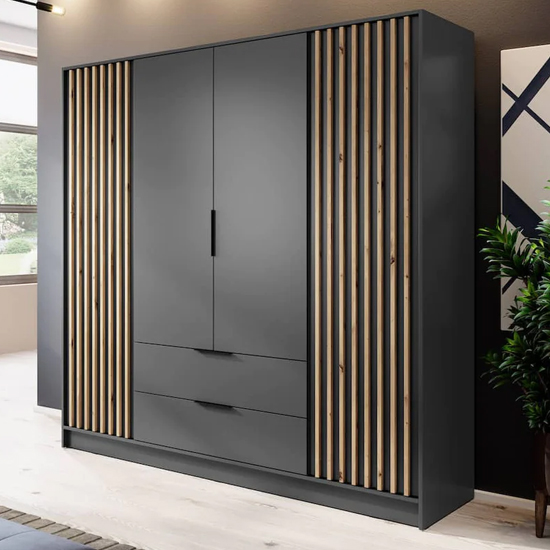 Product photograph of Niles Wooden Wardrobe With 4 Hinged Doors In Graphite from Furniture in Fashion