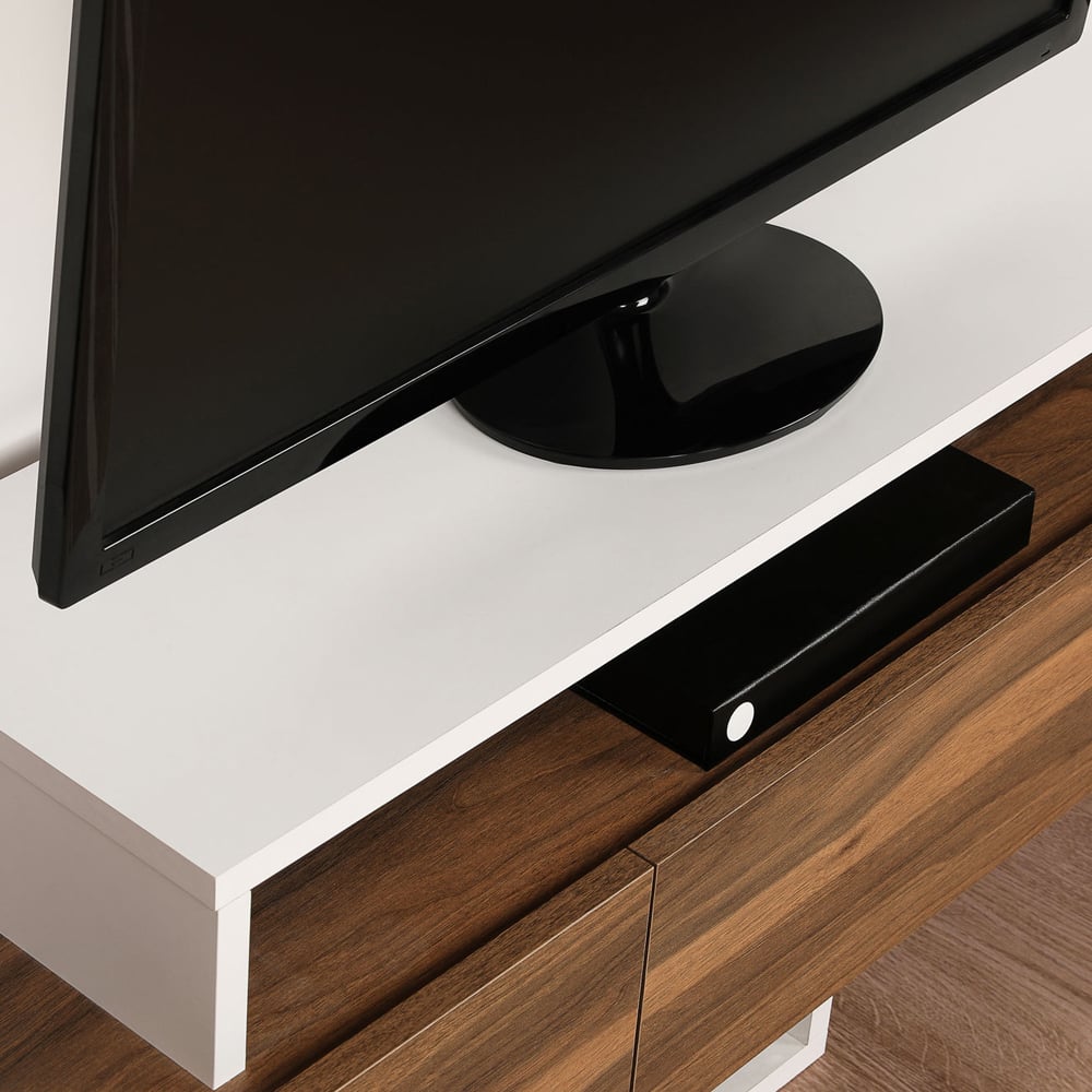 Nilora Wooden TV Stand with Wall Shelf in Teak and White