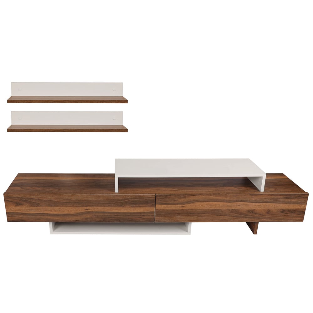 Nilora Wooden TV Stand with Wall Shelf in Teak and White