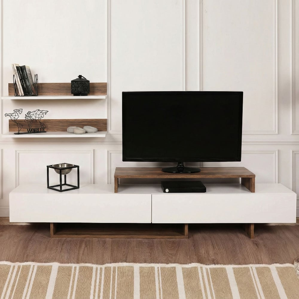 Nilora Wooden TV Stand with Wall Shelf in White and Teak