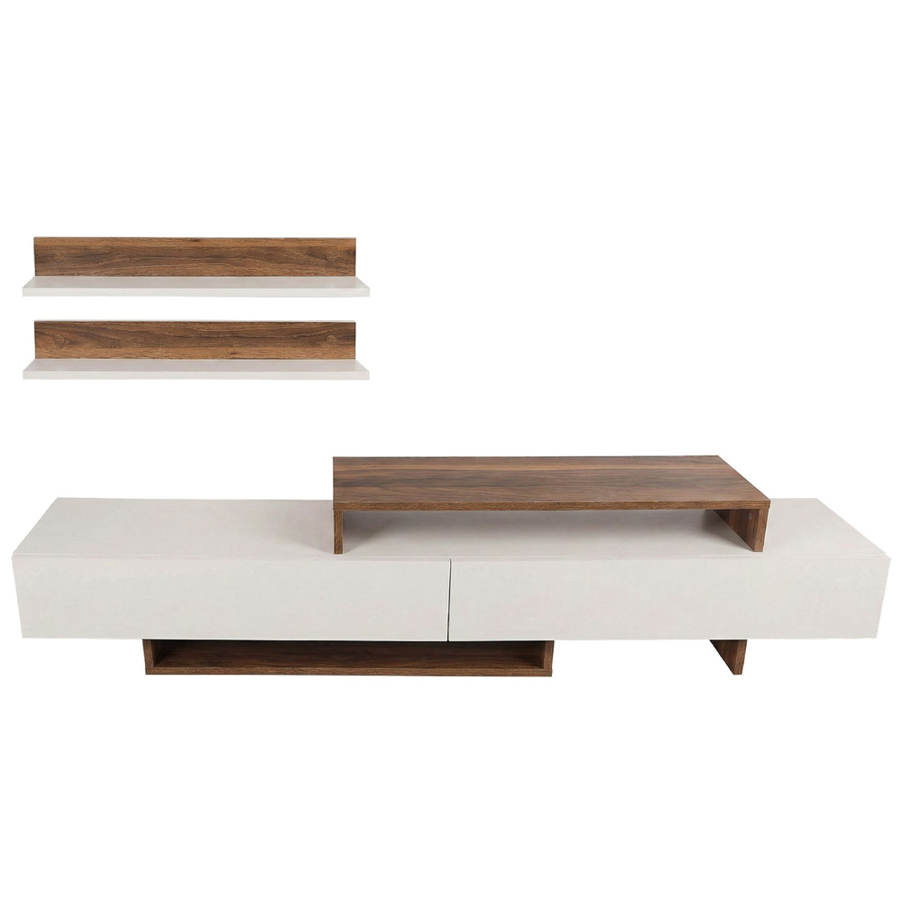 Nilora Wooden TV Stand with Wall Shelf in White and Teak