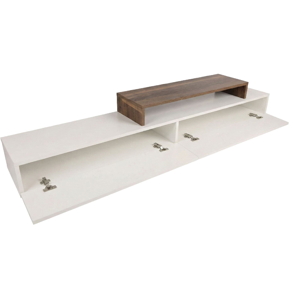 Nilora Wooden TV Stand with Wall Shelf in White and Teak