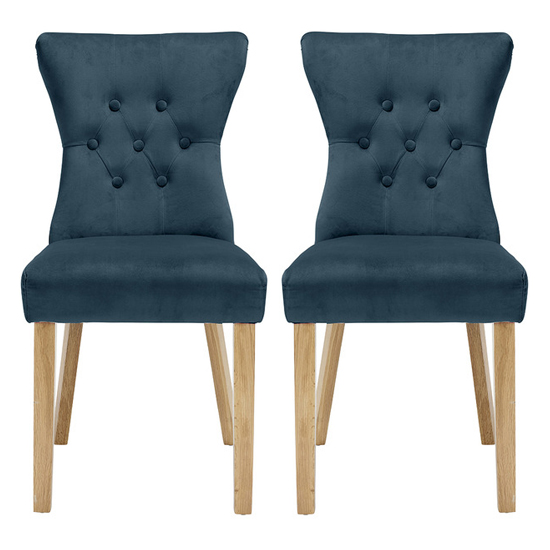 Read more about Nipas blue velvet dining chairs with wooden legs in pair