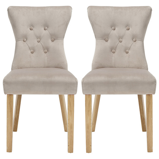 Read more about Nipas champagne velvet dining chairs with wooden legs in pair