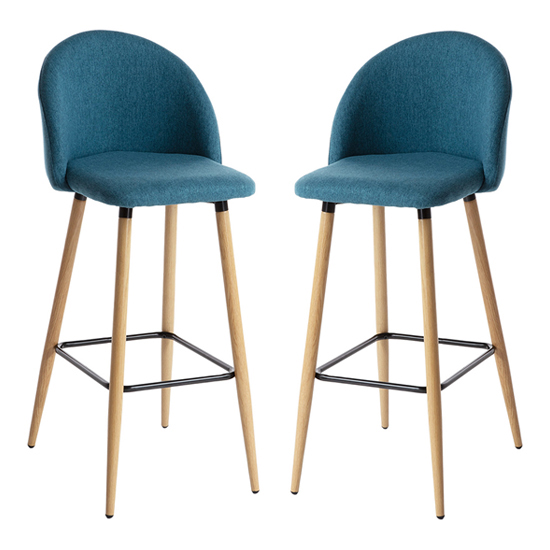 Nissan Blue Fabric Bar Stools With Wooden Legs In Pair