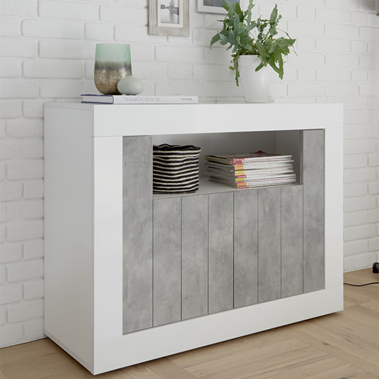 Product photograph of Nitro 2 Door Wooden Sideboard In White Gloss And Cement Effect from Furniture in Fashion