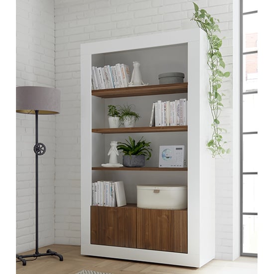 Read more about Nitro 2 doors 3 shelves bookcase in white gloss and dark walnut