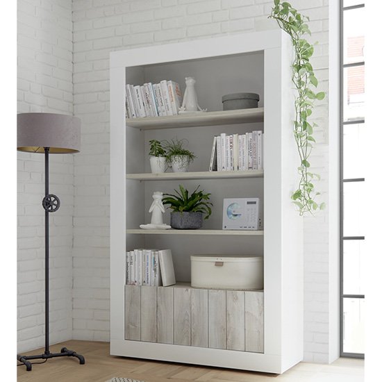 Read more about Nitro 2 doors 3 shelves bookcase in white gloss and white pine