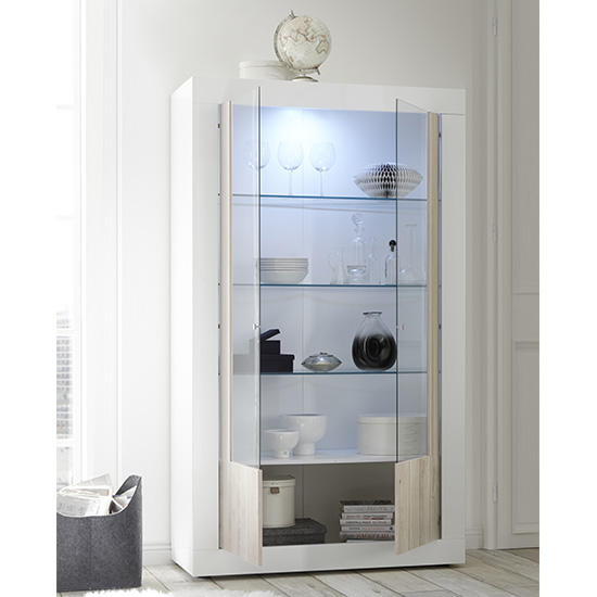 Nitro 2 Doors LED Display Cabinet In White Gloss And White Pine_2