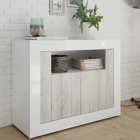 Nitro 2 Doors Wooden Sideboard In White Gloss And White Pine