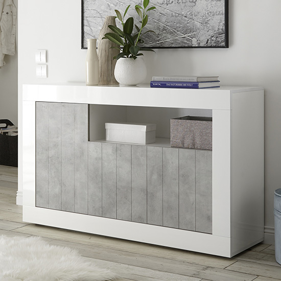 Photo of Nitro 3 door wooden sideboard in white gloss and cement effect