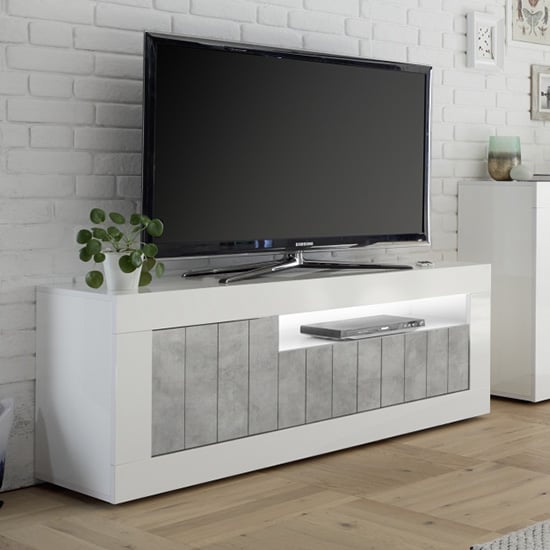 Product photograph of Nitro Led 3 Doors Tv Stand In White Gloss And Cement Effect from Furniture in Fashion