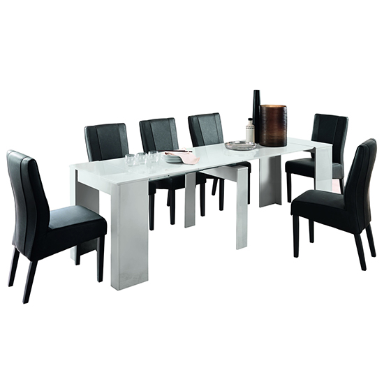 Nitro Extending White High Gloss Dining Table With 8 Miko Chairs
