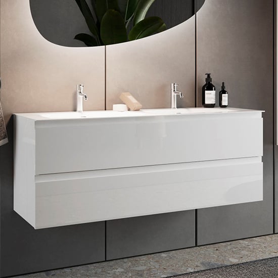 Read more about Nitro high gloss 120cm wall vanity unit with 2 drawers in white