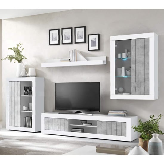 Nitro LED Living Room Set In White High Gloss And Cement Effect