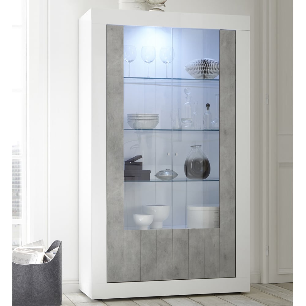 Nitro White Gloss Display Cabinet With 2 Doors In Cement And LED