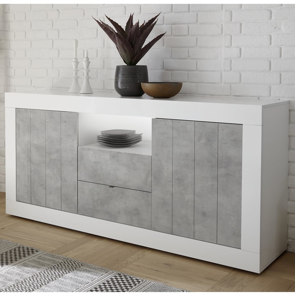Nitro White Gloss Sideboard 2 Doors 2 Drawers In Cement And LED