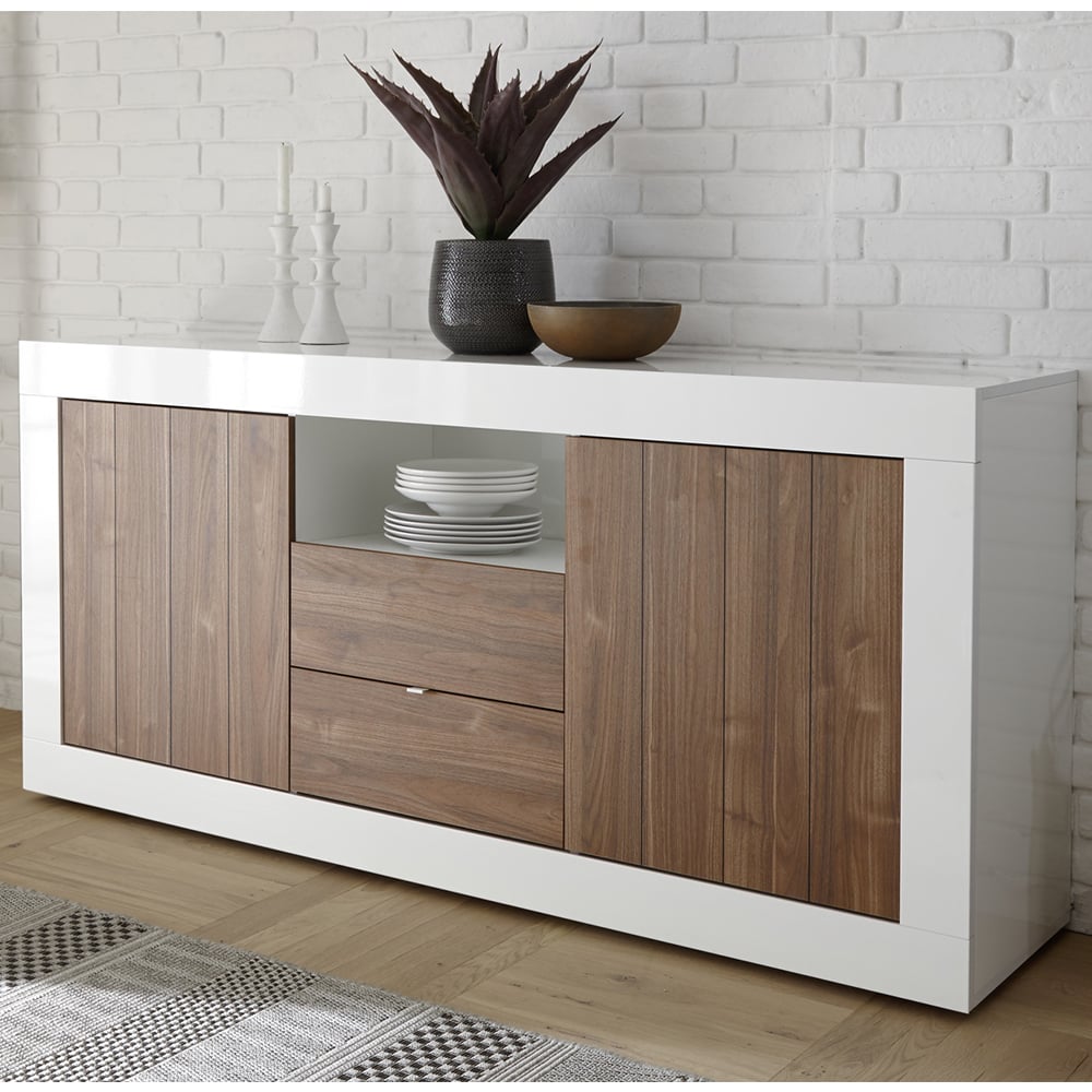 Nitro White Gloss Sideboard 2 Doors 2 Drawers In Dark Walnut