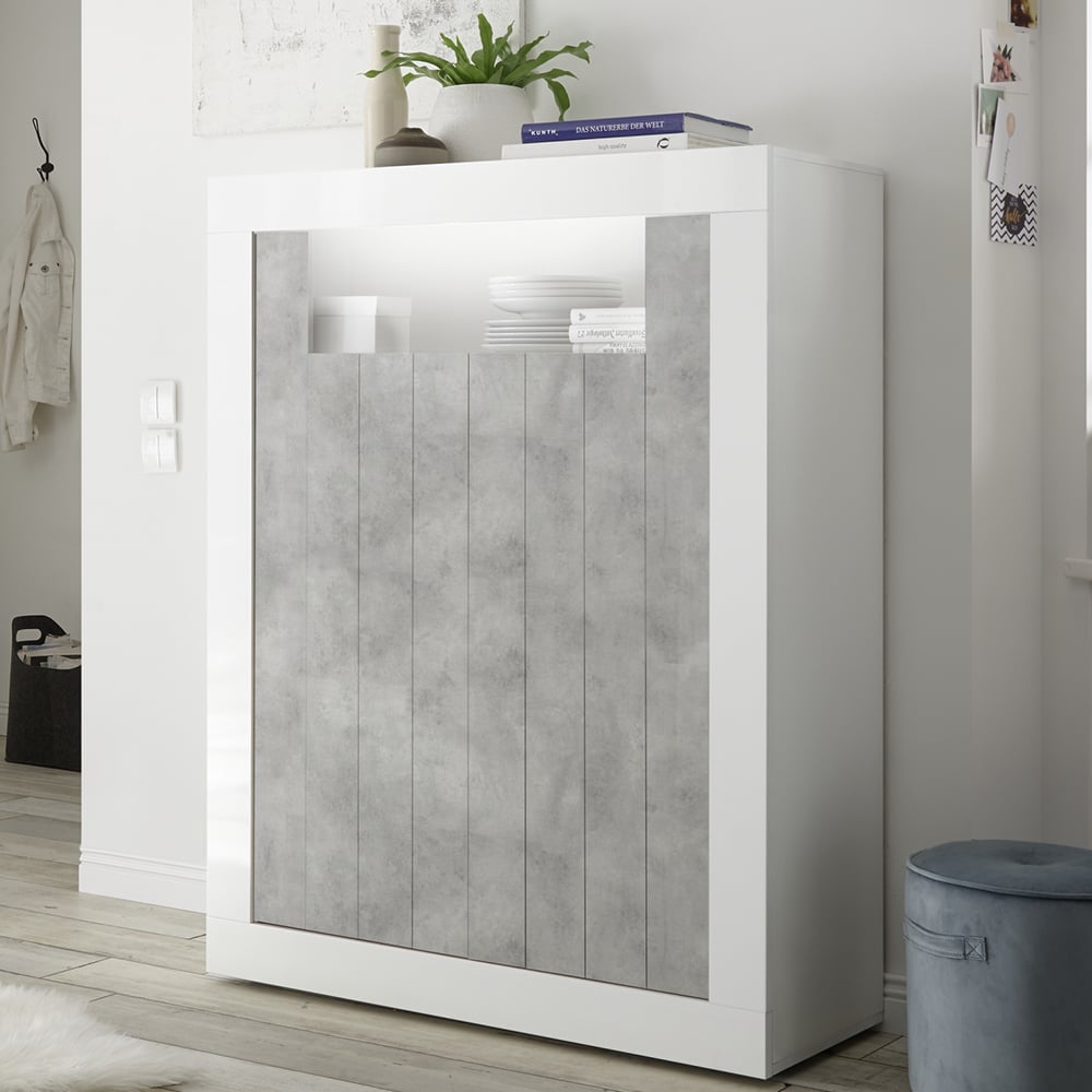 Nitro White High Gloss Highboard With 2 Doors In Cement And LED