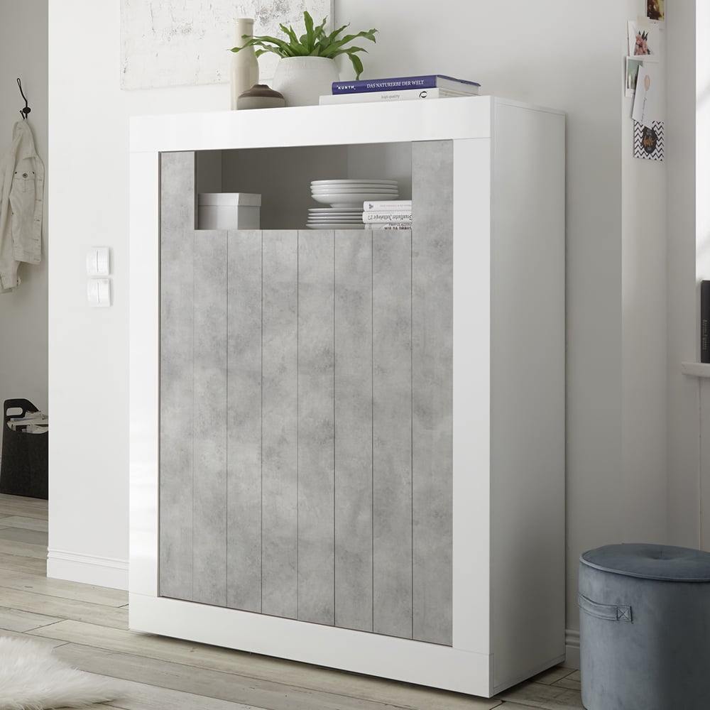 Nitro White High Gloss Highboard With 2 Doors In Cement