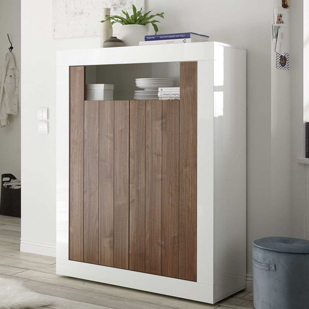 Product photograph of Nitro White High Gloss Highboard With 2 Doors In Dark Walnut from Furniture in Fashion