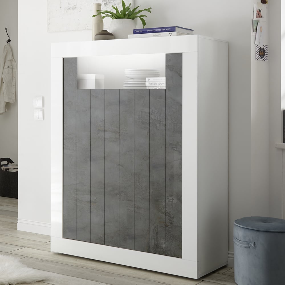 Nitro White High Gloss Highboard With 2 Doors In Oxide And LED