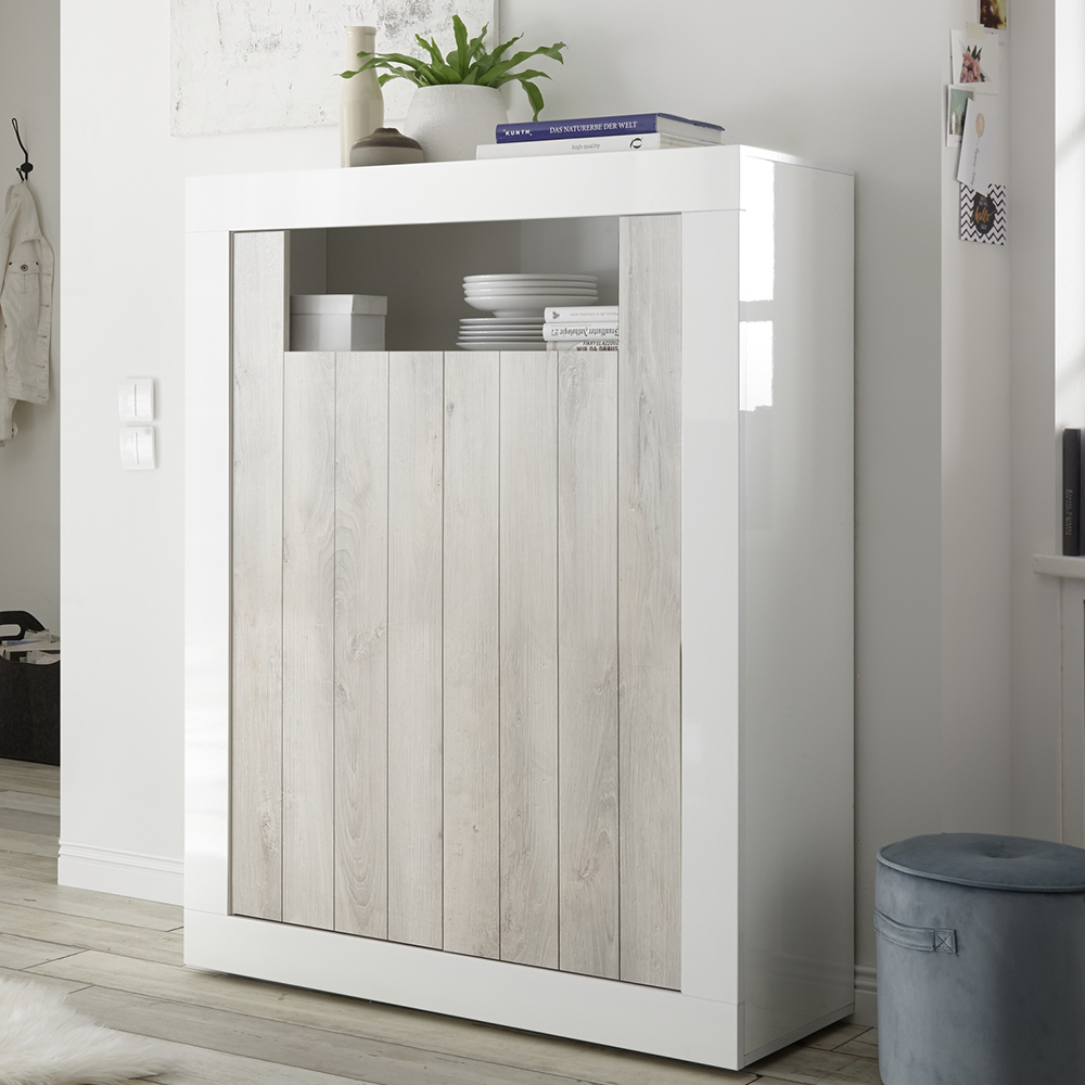 Product photograph of Nitro White High Gloss Highboard With 2 Doors In Pine from Furniture in Fashion