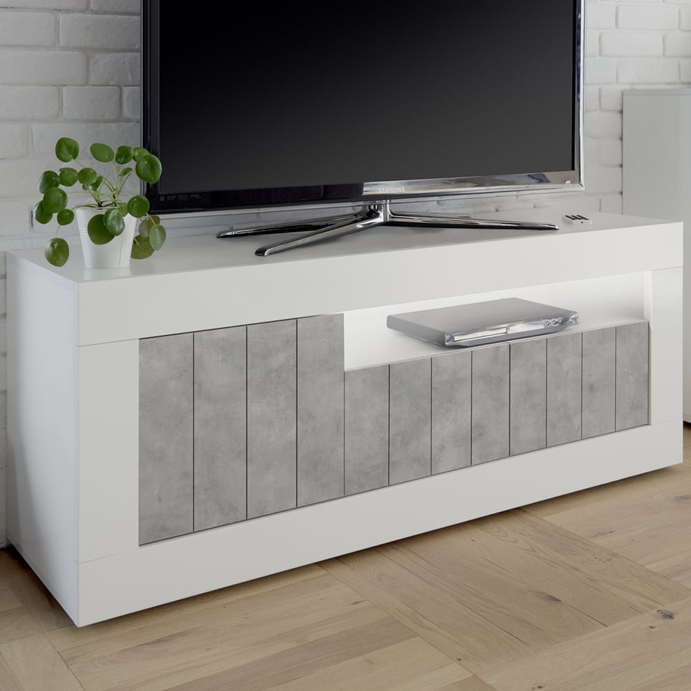 Nitro White High Gloss TV Stand With 3 Doors In Cement And LED
