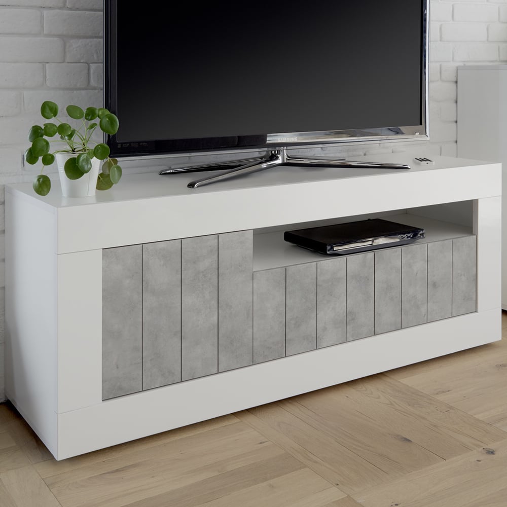Nitro White High Gloss TV Stand With 3 Doors In Cement