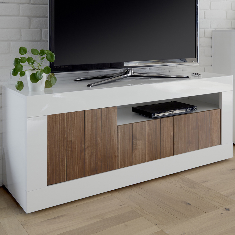 Product photograph of Nitro White High Gloss Tv Stand With 3 Doors In Dark Walnut from Furniture in Fashion