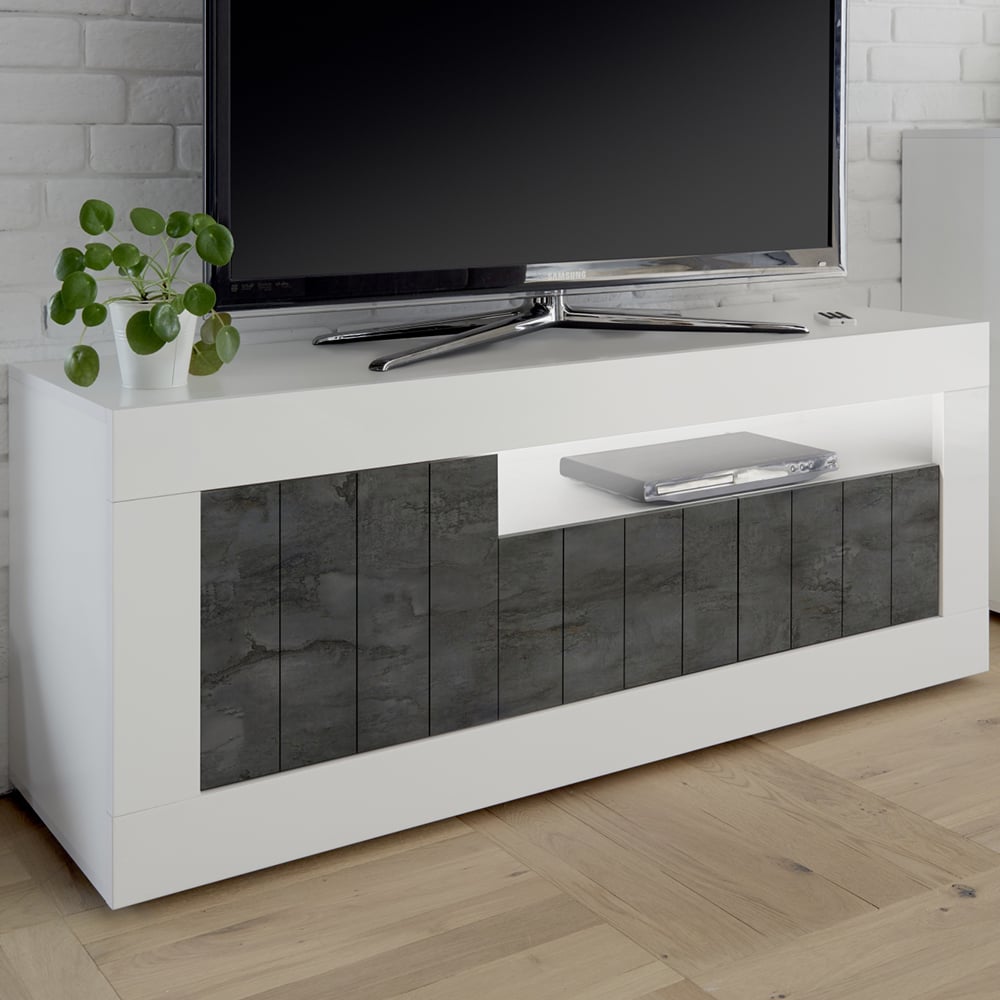 Nitro White High Gloss TV Stand With 3 Doors In Oxide And LED