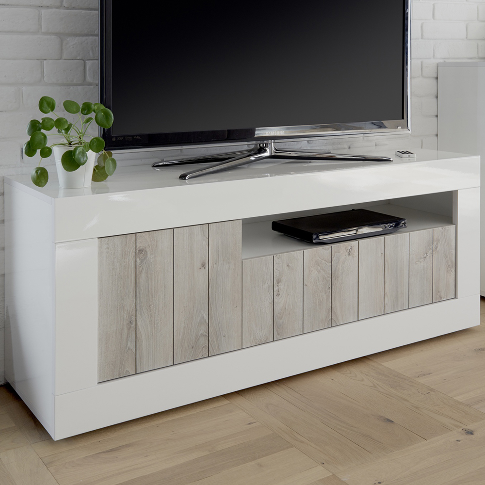 Product photograph of Nitro White High Gloss Tv Stand With 3 Doors In Pine from Furniture in Fashion