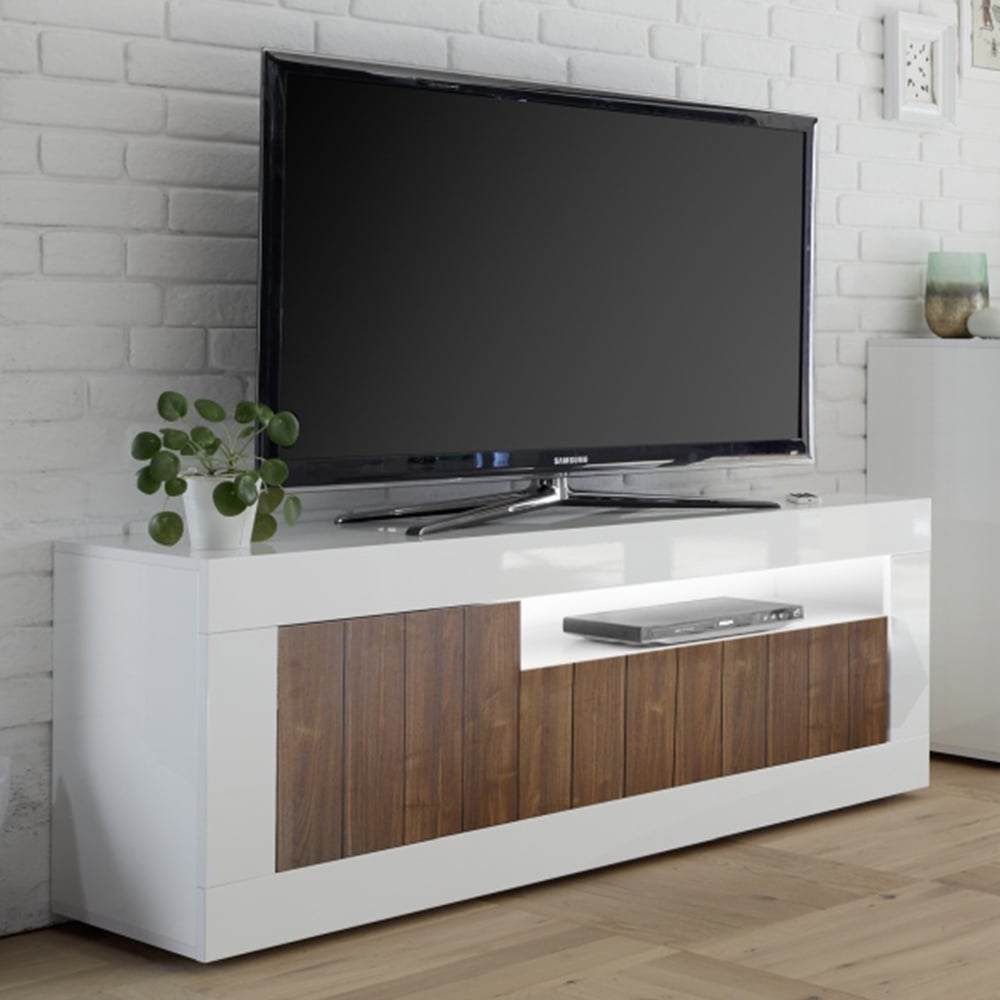 Product photograph of Nitro White High Gloss Tv Stand With 3 Doors In Walnut And Led from Furniture in Fashion