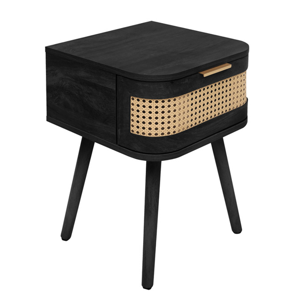 Niven Wooden Bedside Cabinet with 1 Rattan Drawer in Black