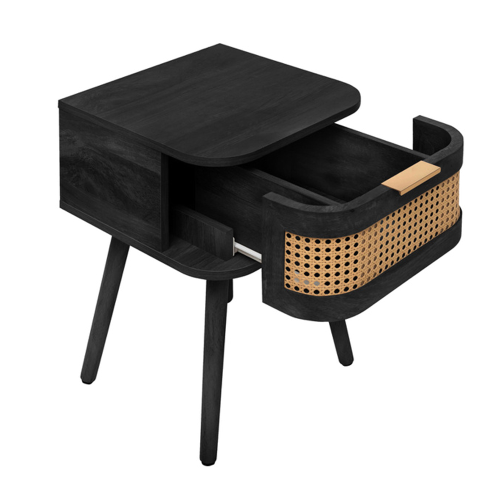 Niven Wooden Bedside Cabinet with 1 Rattan Drawer in Black