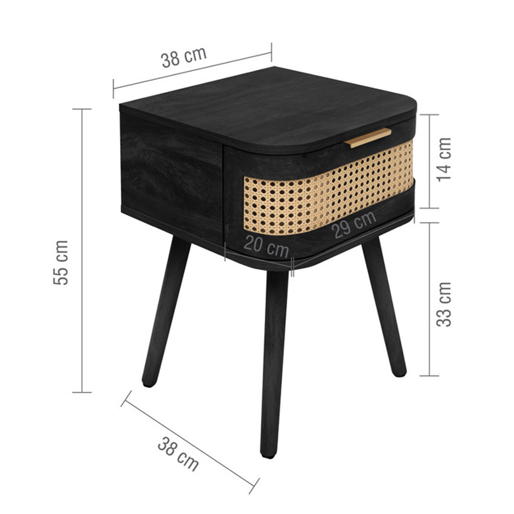 Niven Wooden Bedside Cabinet with 1 Rattan Drawer in Black
