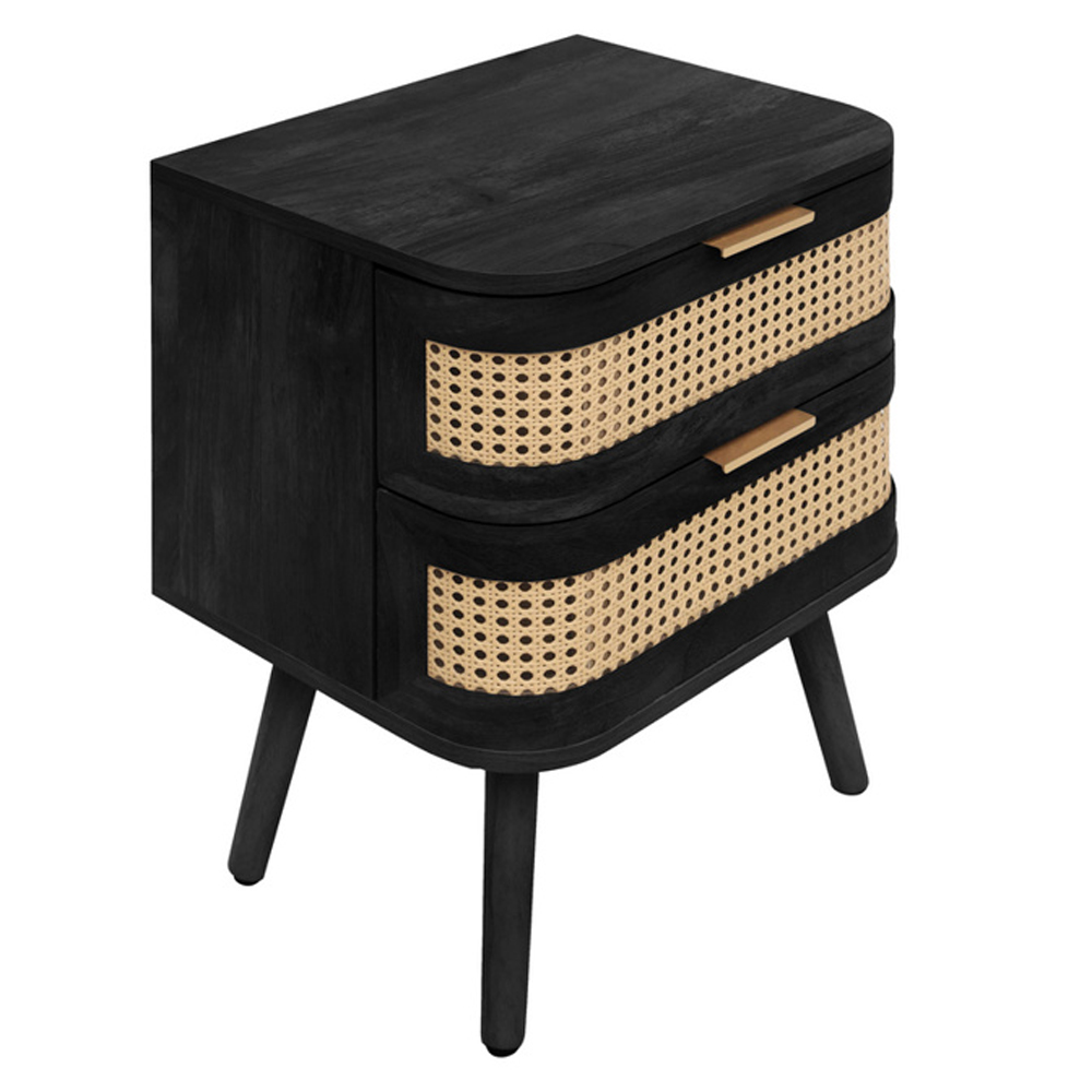 Niven Wooden Bedside Cabinet with 2 Rattan Drawers in Black