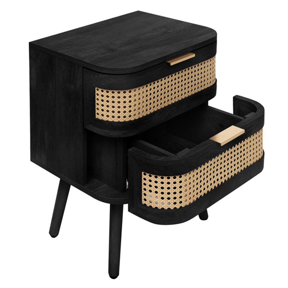 Niven Wooden Bedside Cabinet with 2 Rattan Drawers in Black