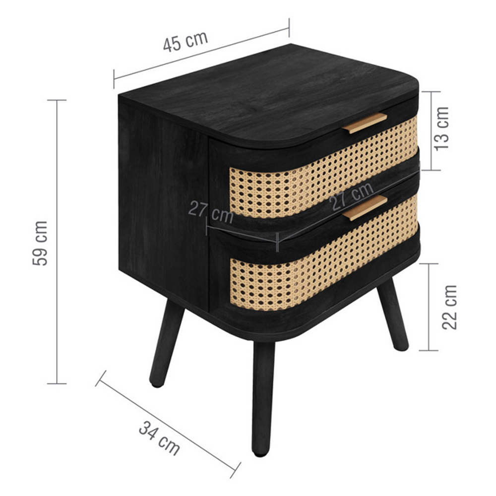 Niven Wooden Bedside Cabinet with 2 Rattan Drawers in Black