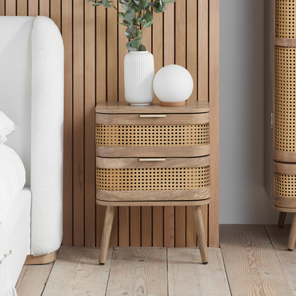 Niven Wooden Bedside Cabinet with 2 Rattan Drawers in Oak