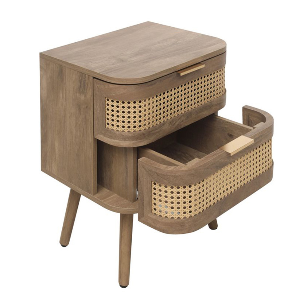 Niven Wooden Bedside Cabinet with 2 Rattan Drawers in Oak