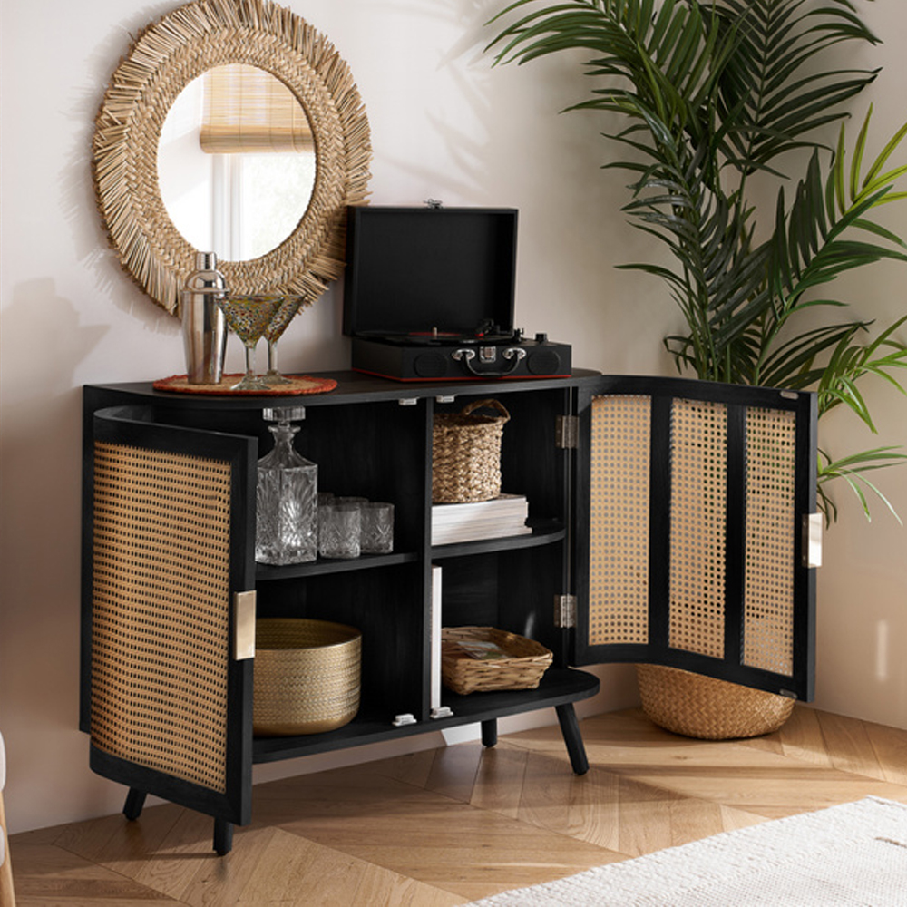 Niven Wooden Storage Cabinet with 2 Rattan Doors in Black