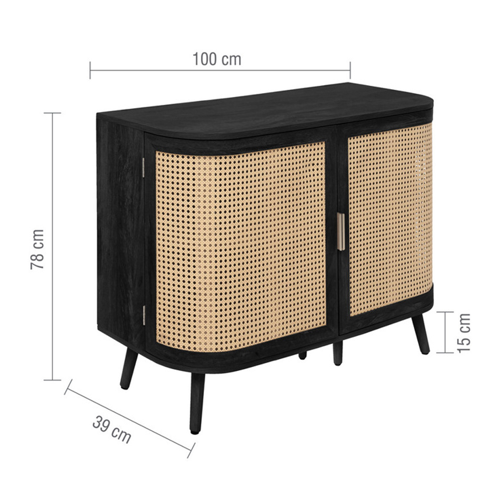 Niven Wooden Storage Cabinet with 2 Rattan Doors in Black